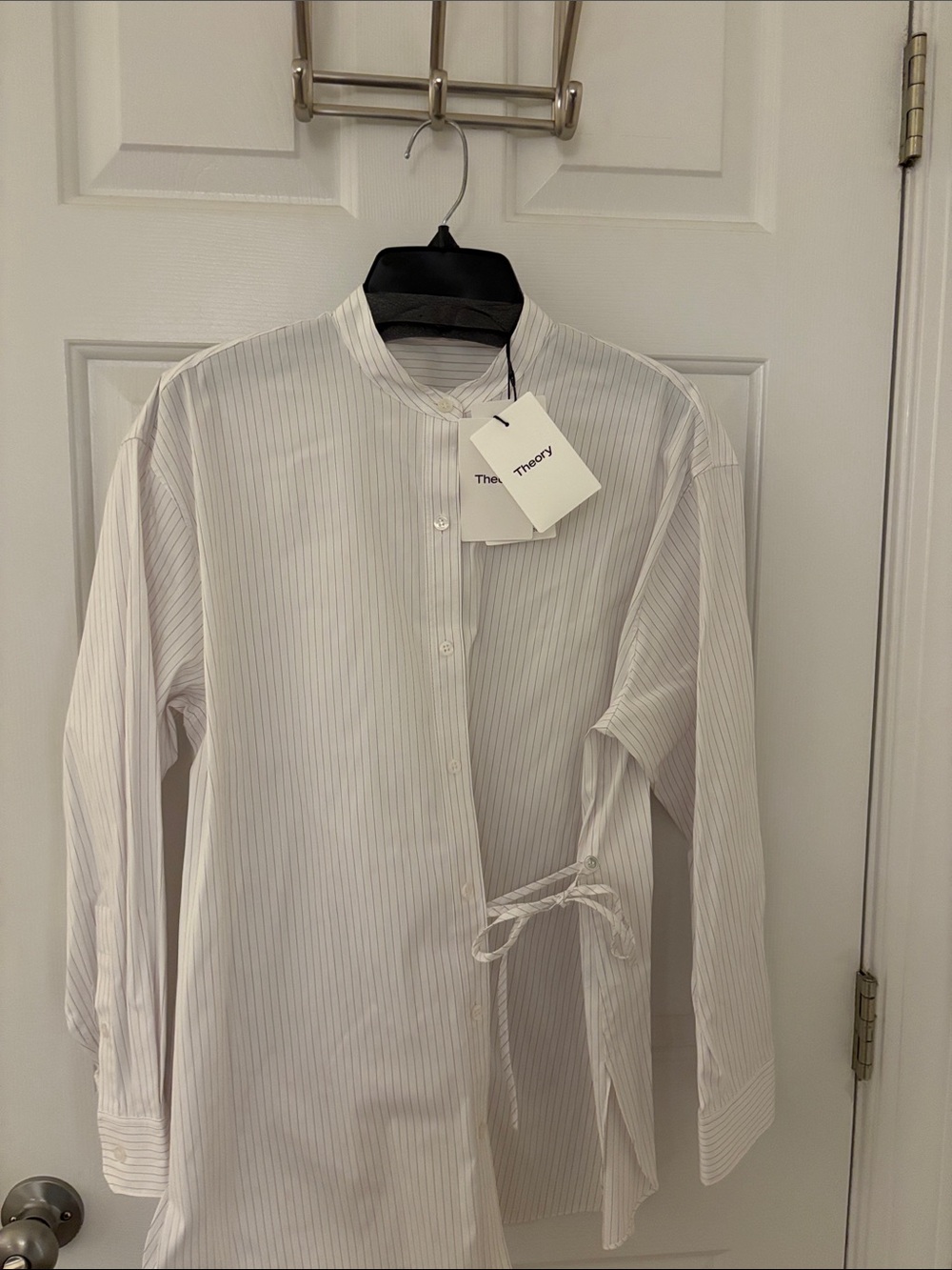Theory Wrap White Shirt with Subtle Gray Pinstripes and Mandarin Collar